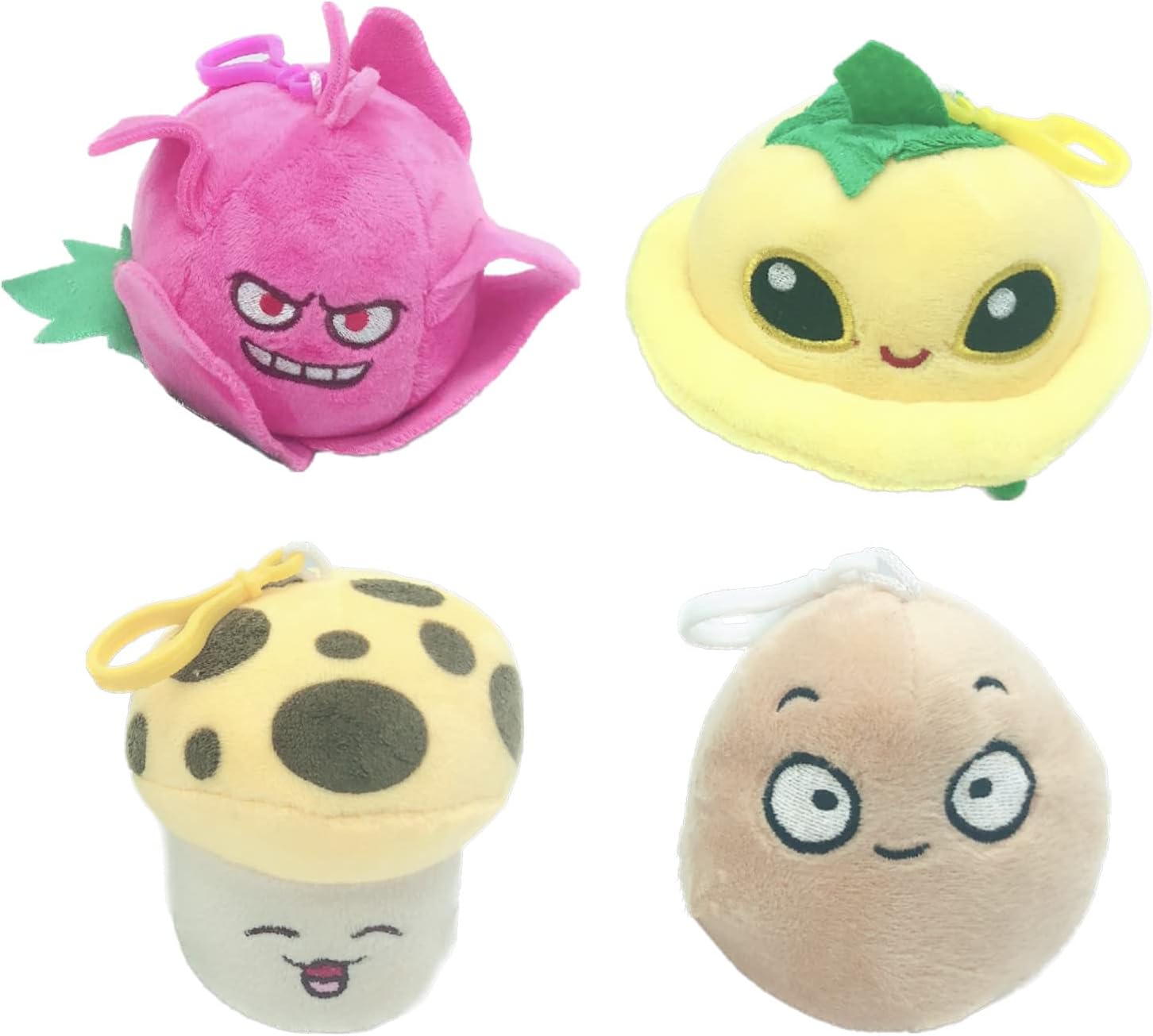 Juego de 4 llaveros de peluche de plantas y zombis, juguetes rellenos de figura de PVZ suave, patatas de muñeca, platillo volador amarillo, hongos