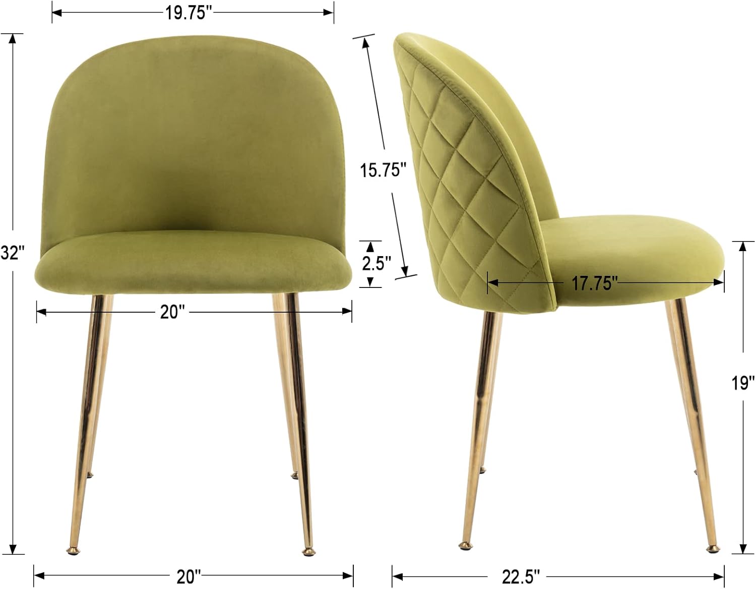ZHENGHAO Juego de 2 sillas de comedor de terciopelo, sillas de comedor modernas, sillas laterales sin brazos con patas doradas, sillas de cocina