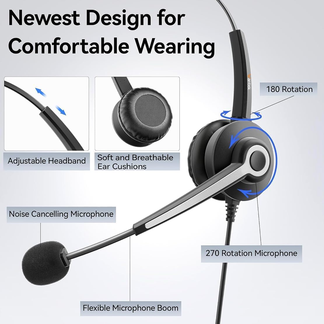 Wantek Auriculares para teléfono celular con micrófono con cancelación de ruido, auriculares de computadora con cable de 0.138 in para PC, portátil,