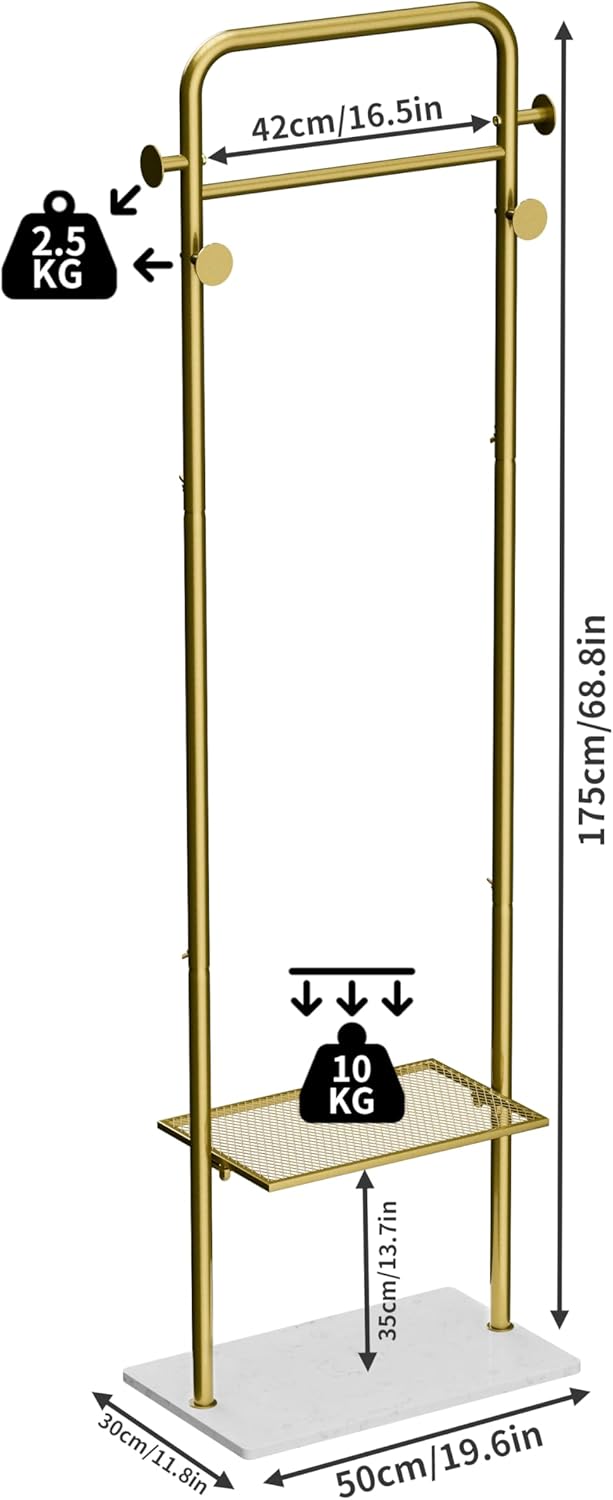 Perchero dorado con estante percheros dorados para boutiques, perchero independiente para colgar ropa – Perchero dorado – Perchero industrial dorado