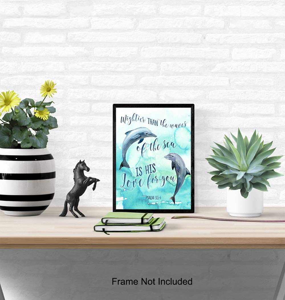 Mightier Than the Waves Dolphins Wall Decor – Religious Bible Verse Wall Art – Christian Scripture Decoration for Bedroom, Bathroom, Living Room,