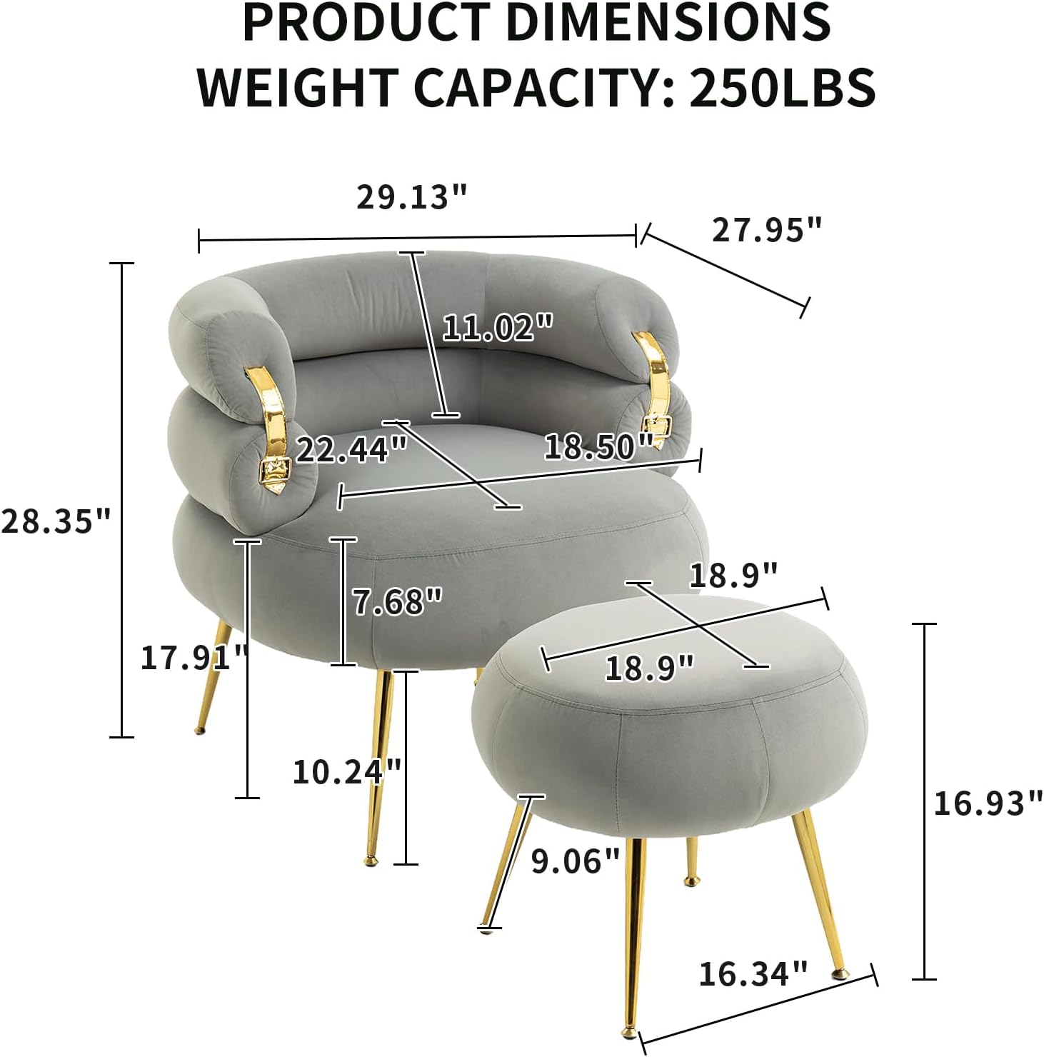 Sudwesto Silla decorativa de terciopelo con otomana, sillón tapizado moderno, silla de ocio individual con patas de metal dorado para sala de estar,