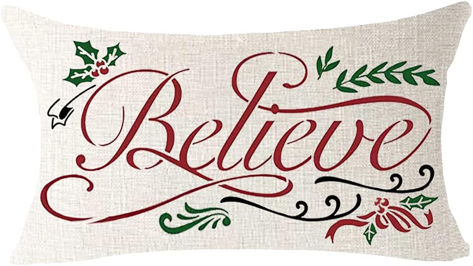 Juego de 4 fundas de almohada lumbares de lino y algodón con copos de nieve con texto en inglés “Merry Christmas”, para cama, sofá, oficina,