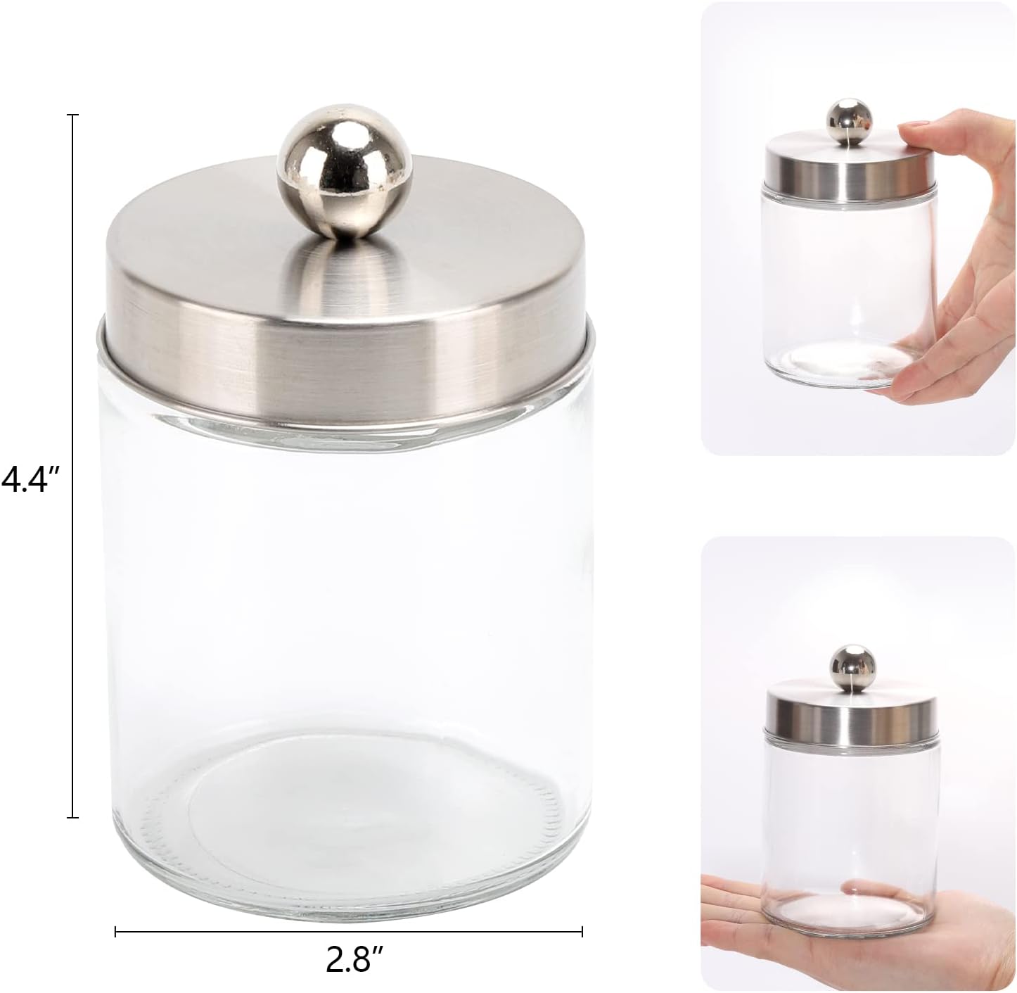 Tbestmax Dispensador de soporte de vidrio Qtip, recipientes de baño de 10 onzas, tarros de boticario con tapas de metal para hisopos de bolas de
