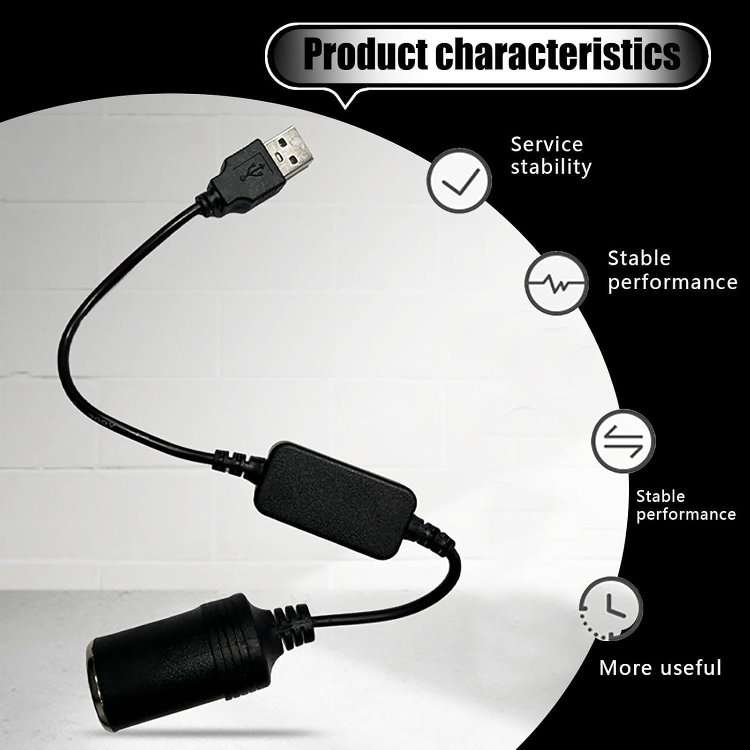 1 cable USB para automóvil, adaptador convertidor hembra de encendedor de cigarrillos de 5 V a 12 V, fuente de alimentación móvil conectada a la