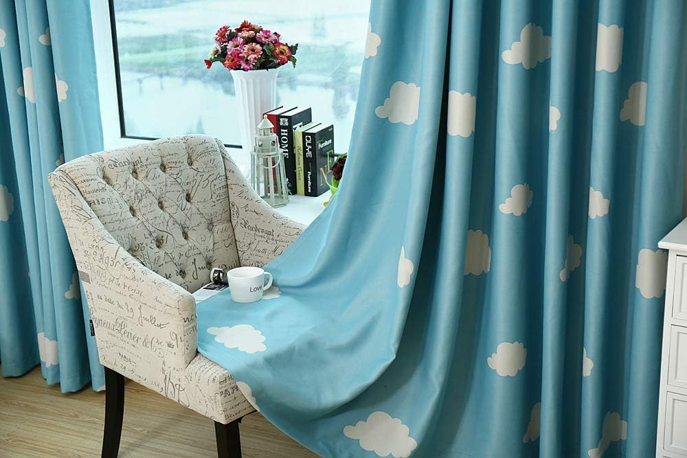 GYROHOME Cortina de nube azul y blanca con ojales en la parte superior, aislamiento térmico, oscurecimiento de habitación, ahorro de ruido,