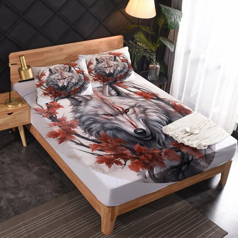 zcsm Sábanas de lobo tamaño Queen  Sábanas de cama de lobos, microfibra suave y bolsillo profundo, sábanas y fundas de almohada estampadas sin