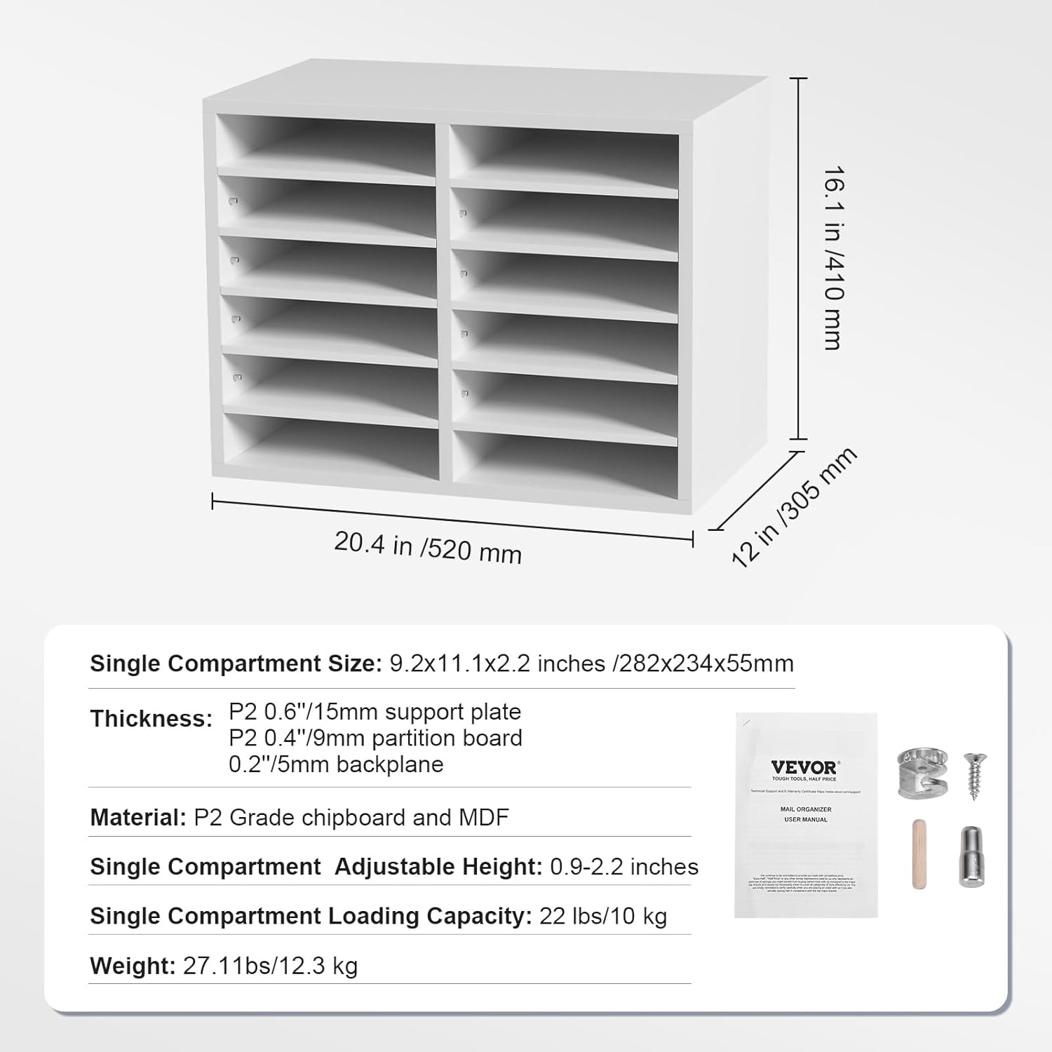 VEVOR Organizador de literatura, buzón de oficina con 12 compartimentos con estantes ajustables, clasificador de literatura de madera de 20.4 x 12 x