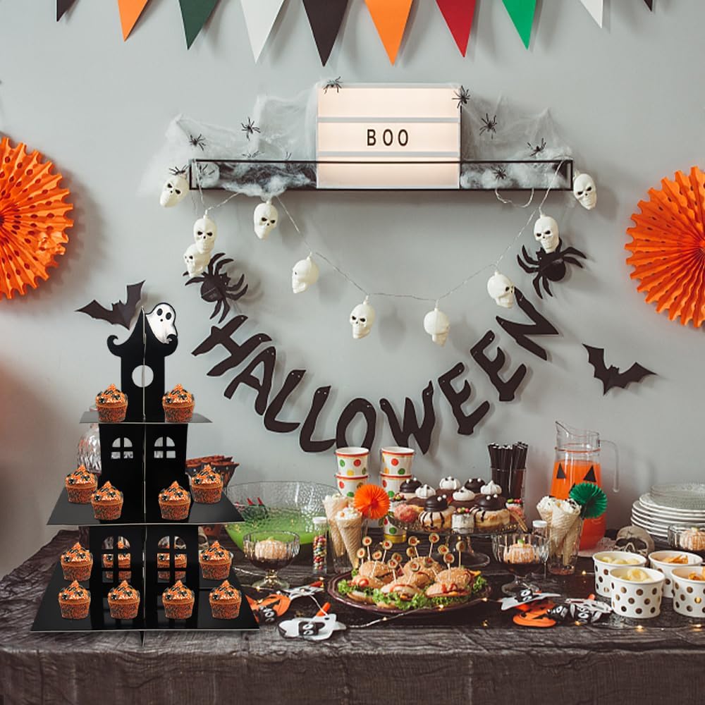 Soporte de 3 niveles para cupcakes de Halloween, castillo de Halloween, soporte redondo de cartón, torre de postre, torre de árbol de postre para