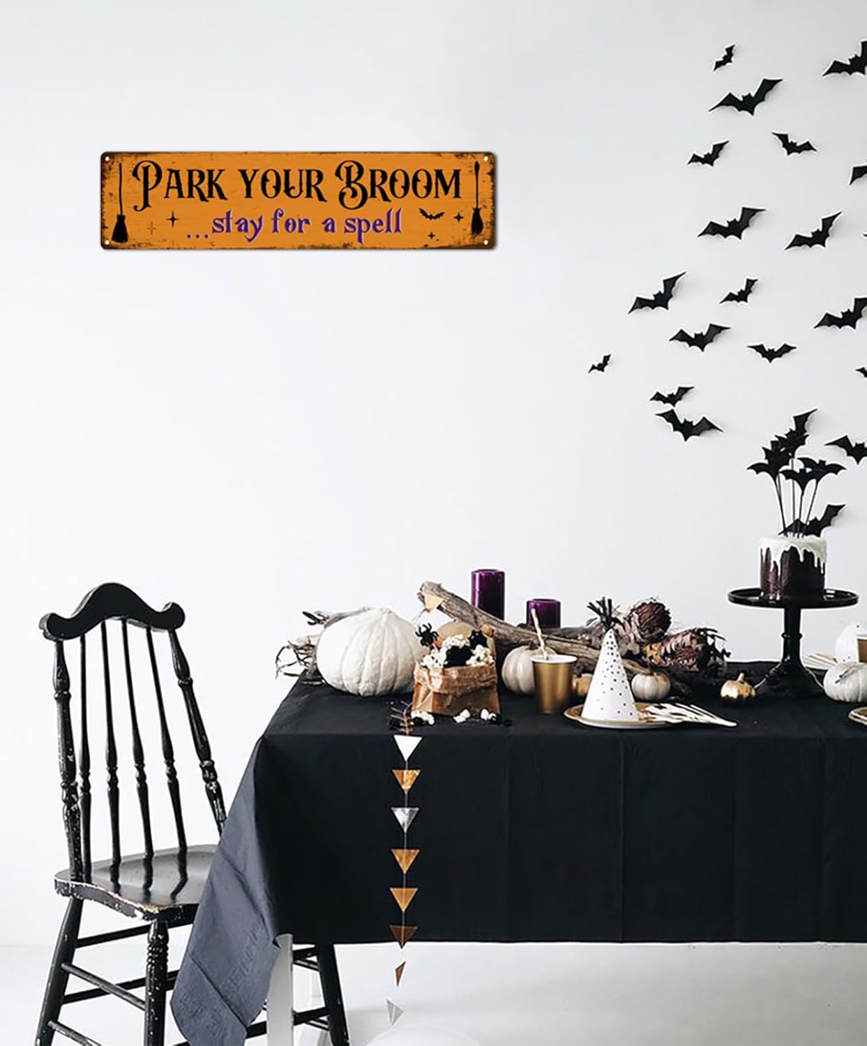 Letrero de metal con texto en inglés Park Your Broom con texto en inglés Stay for a Spell (Stay for a Spell) para cocina, hogar, Halloween, pared,