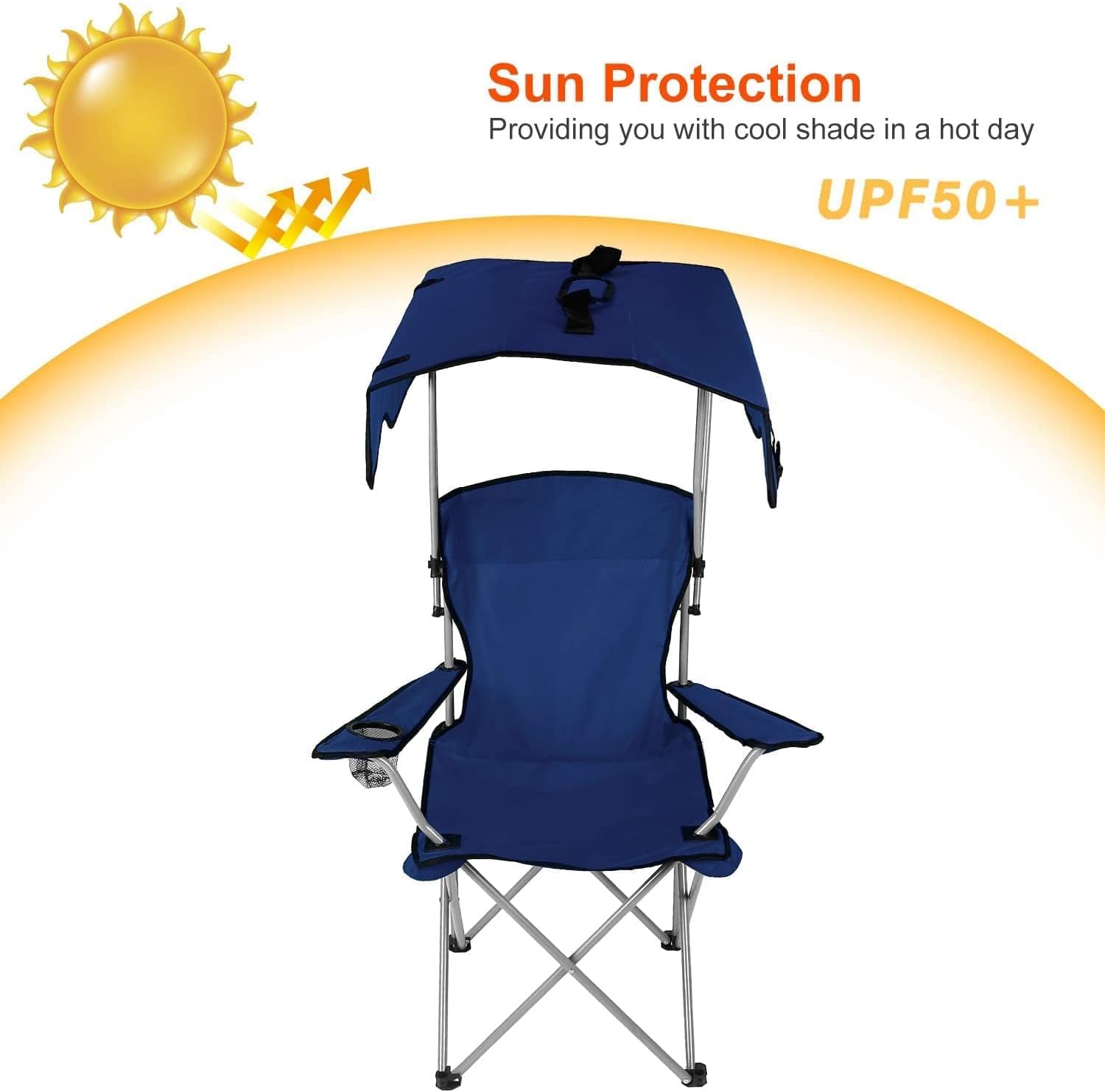 Silla de camping con toldo, silla plegable para exteriores con parasol ajustable UPF 50+ y soporte para tazas, reclinable portátil para campamento,