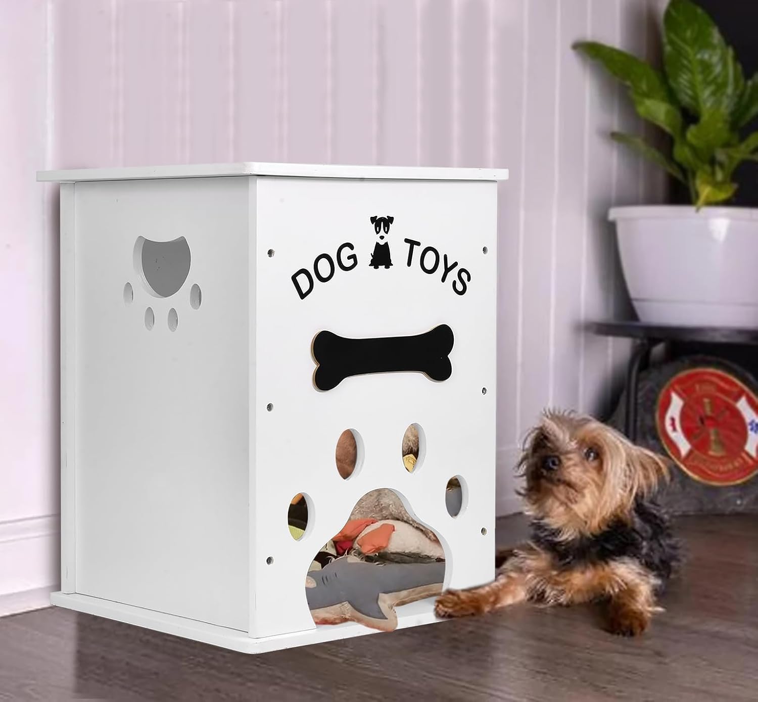 Cesta de juguetes para perros, almacenamiento de alimentos para perros y gatos, organizador de cosas grandes de madera para perros con mango hueco,