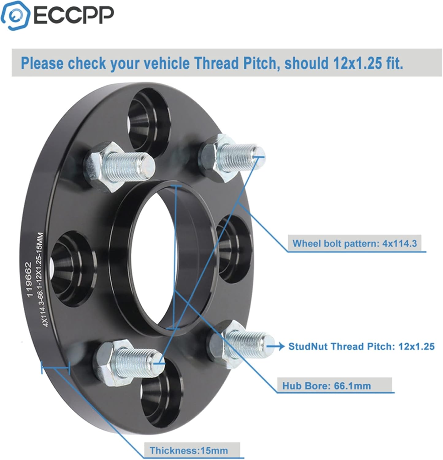 ECCPP 2 espaciadores de rueda centrados de 0.591 in de 4 x 4.5 4 x 114.3 4 lengüetas con pernos de 12 x 1.25 de 2.602 in, color negro, compatible