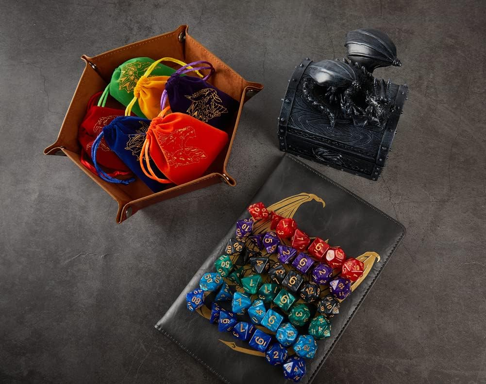 6 juegos de dados poliédricos DND Dungeons and Dragons Rolling Dice para juegos de mesa RPG MTG, dados a granel con seis bolsas con cordón y bandeja