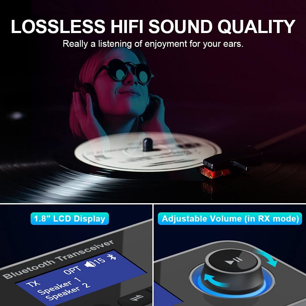 Receptor transmisor Bluetooth 5.0, adaptador de audio 3 en 1 para 2 auriculares con pantalla LCD de baja latencia y largo alcance ajustable, bypass