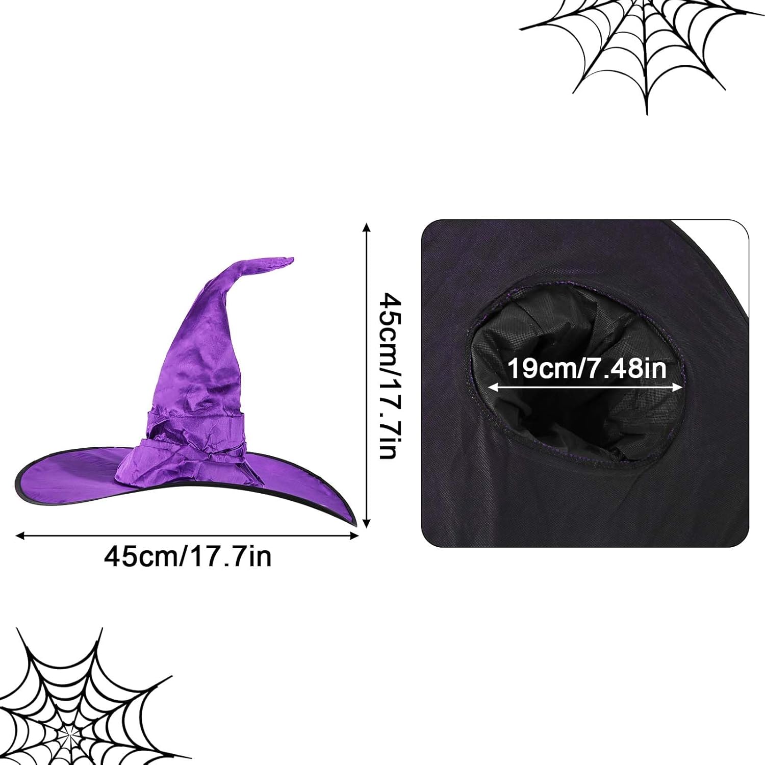 LUTER Sombrero de bruja de Halloween, 17.7 x 17.7 pulgadas, sombrero de bruja fruncido, sombrero de mago, decoración de sombrero de bruja puntiagudo