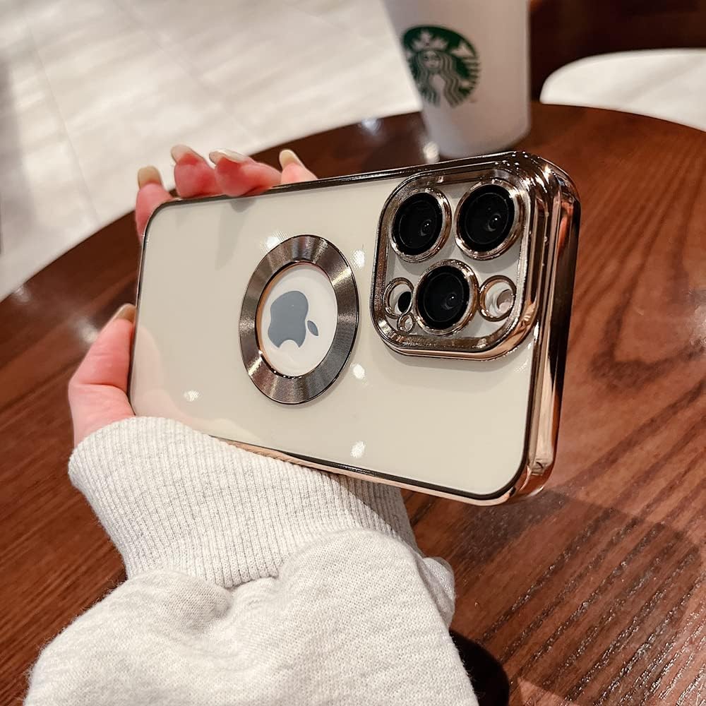 Funda para iPhone 13 Pro con protector de lente de cámara, vista de logotipo para mujeres y hombres, chapado suave, transparente, delgada,