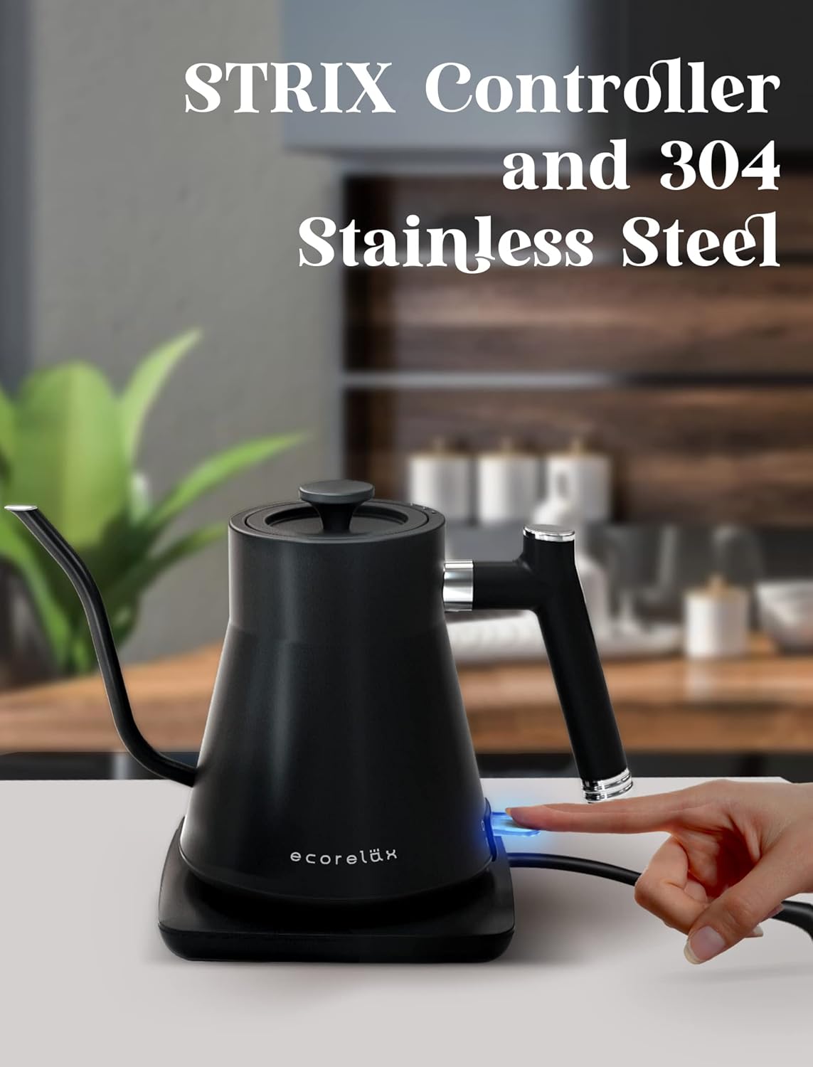 ECORELAX Hervidor eléctrico de cuello de cisne, tetera para café y té, interior 100% de acero inoxidable con diseño a prueba de fugas, calentamiento