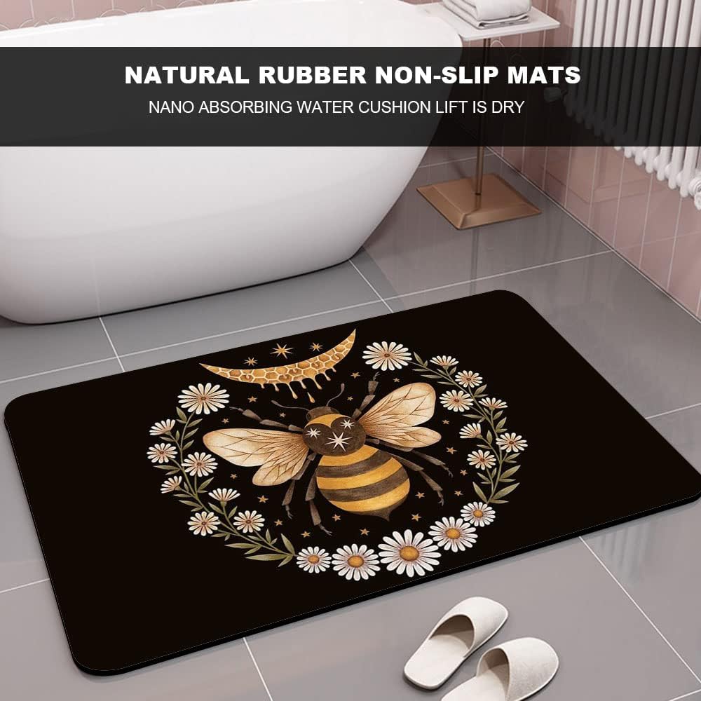 Tapete de baño de tierra de diatomeas, diseño de flores y abejas, antideslizante, súper absorbente, de secado rápido, para baño, cocina, puerta,
