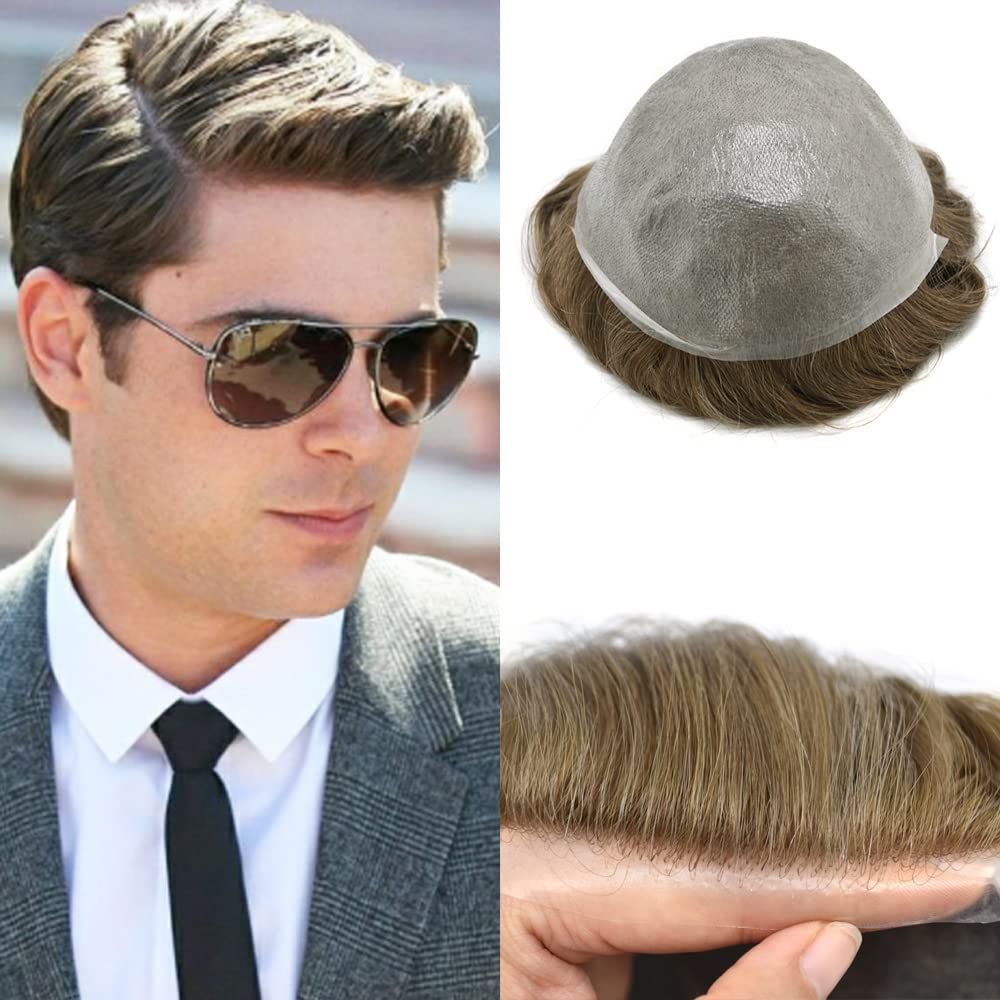 Hairpiece Toupee – Sistema de reemplazo de piezas de cabello humano real para hombres, línea capilar natural con bucle en V, ultrafina, pelo para