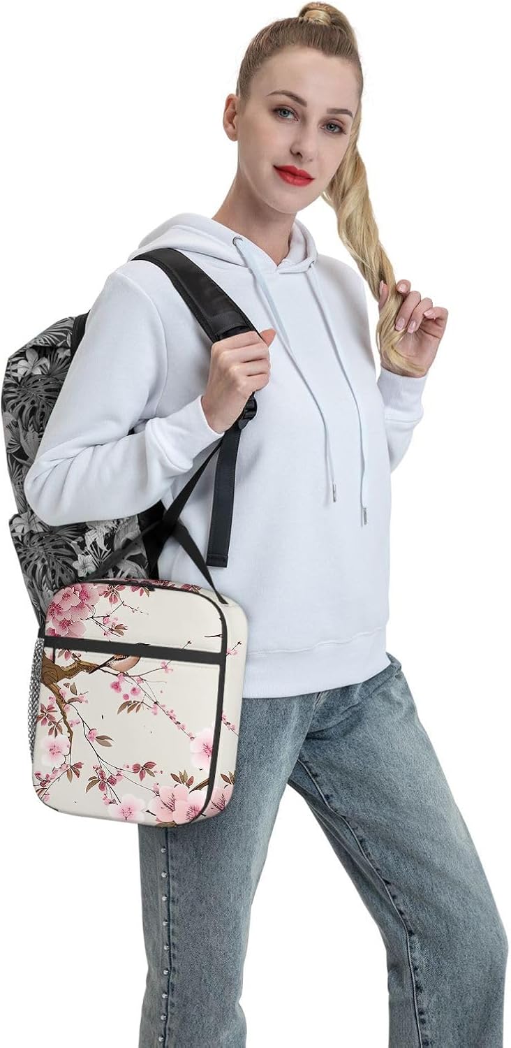 Lonchera aislada para mujeres y hombres, trabajo, dos pájaros y flores, flores de durazno, floral, reutilizable, a prueba de fugas, para adultos,