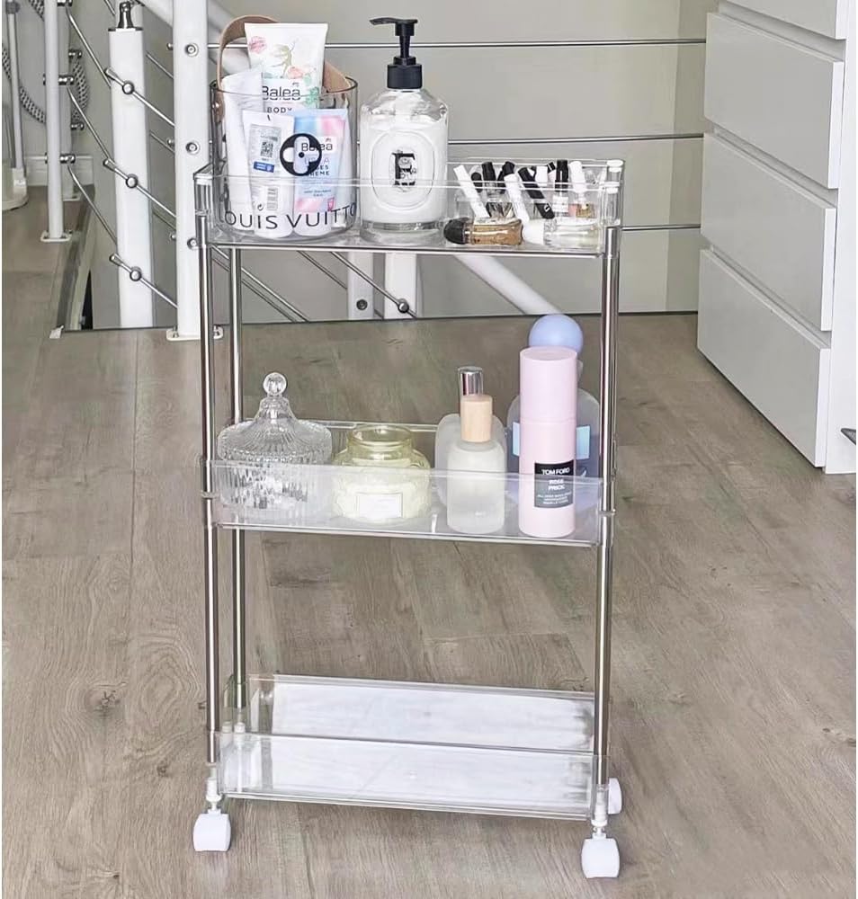 Carrito de almacenamiento versátil y transparente, diseño delgado, organizador multiusos de 3 niveles para cocina, baño, oficina y más (delgado de 3
