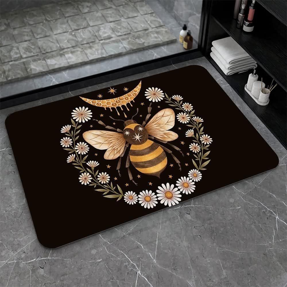 Tapete de baño de tierra de diatomeas, diseño de flores y abejas, antideslizante, súper absorbente, de secado rápido, para baño, cocina, puerta,