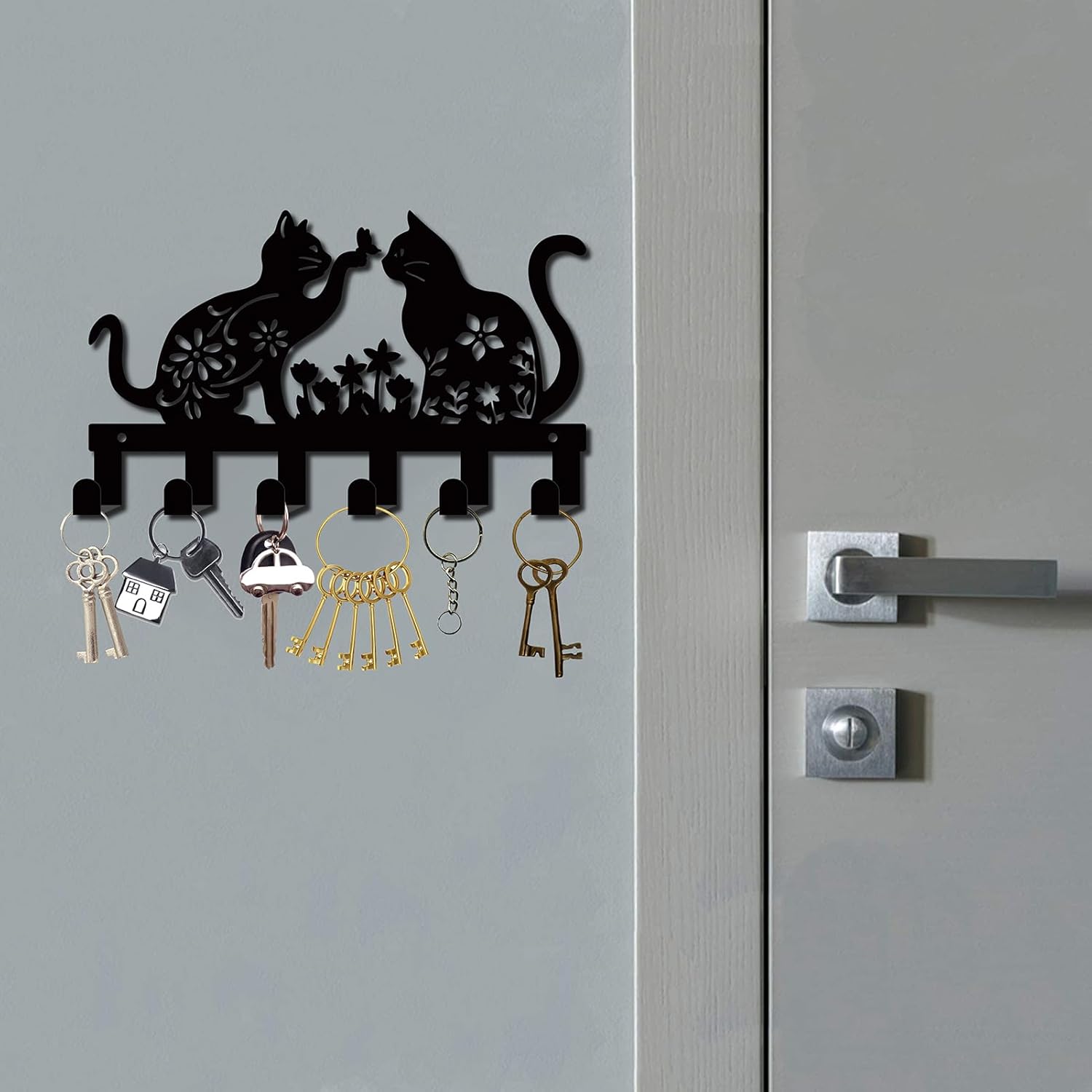 CREATCABIN Soporte de metal para llaves de gato para colgar en la pared, soporte para llaves de hierro con 6 ganchos, organizador colgante de llaves