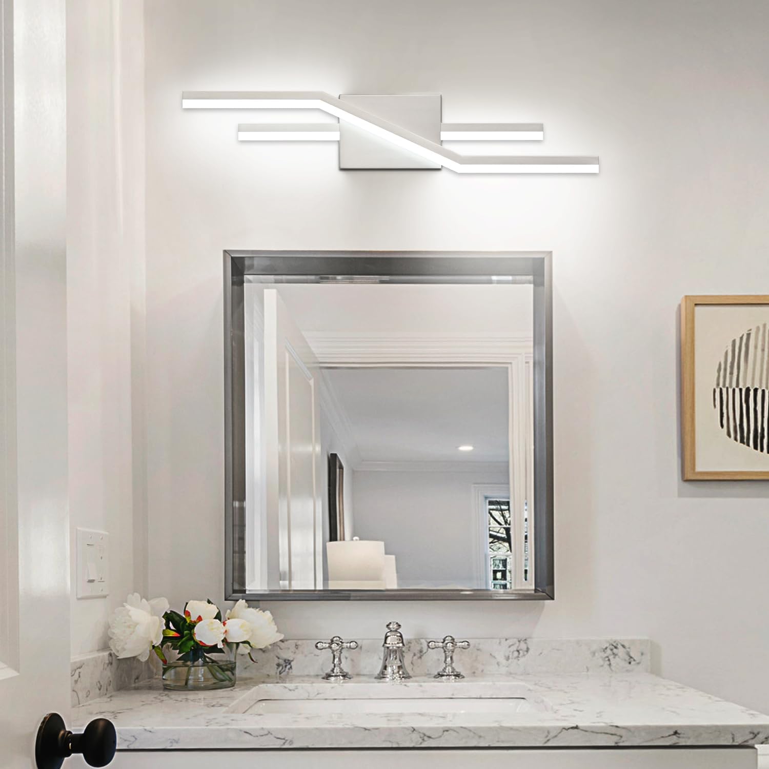 SOLFART Lámparas LED de baño de níquel cepillado regulables de 24 pulgadas, accesorios de iluminación de tocador de baño, lámpara de pared moderna