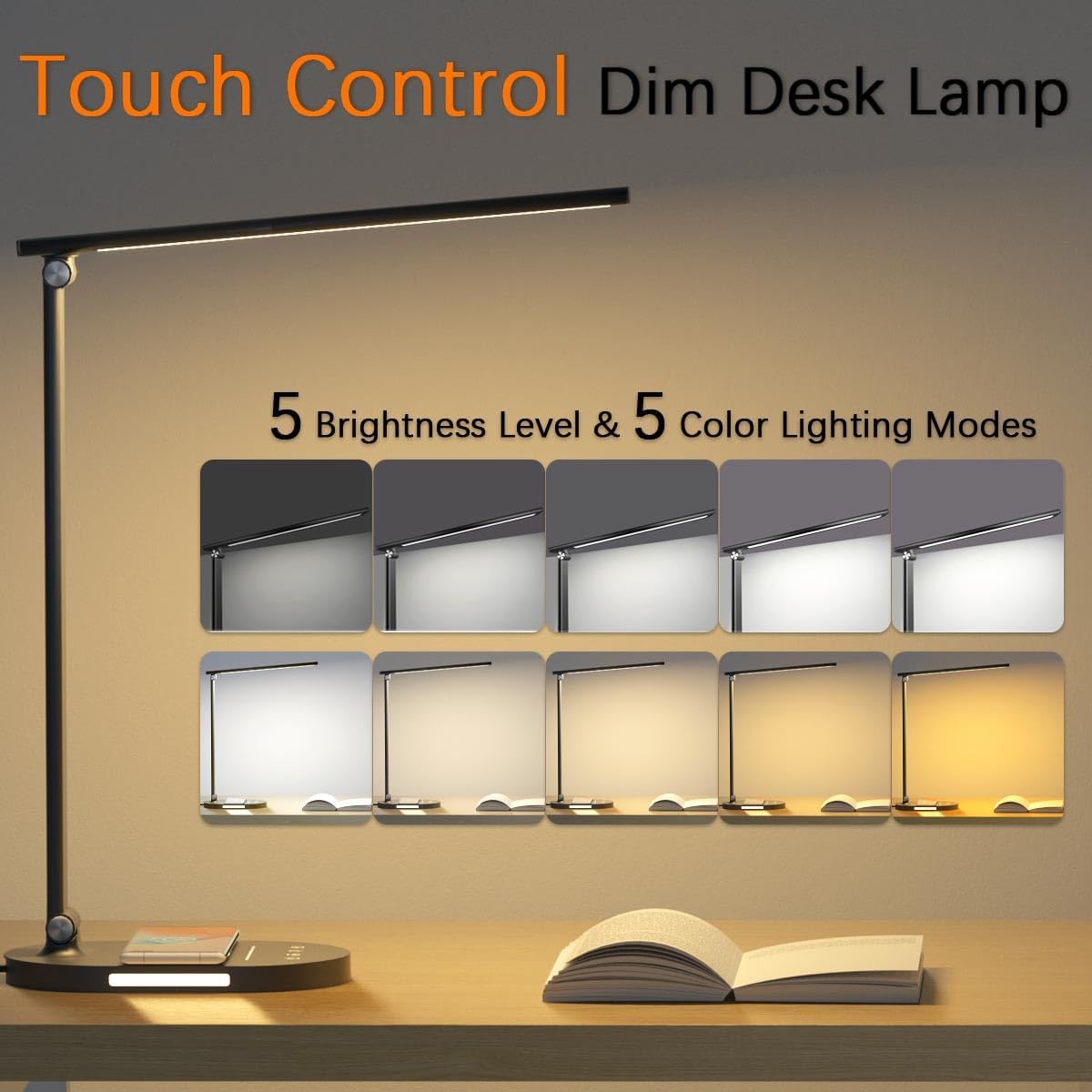 Lámparas de escritorio para oficina en casa, lámpara de escritorio de 52 LED con cargador inalámbrico, lámpara de mesa con control táctil, 5 modos