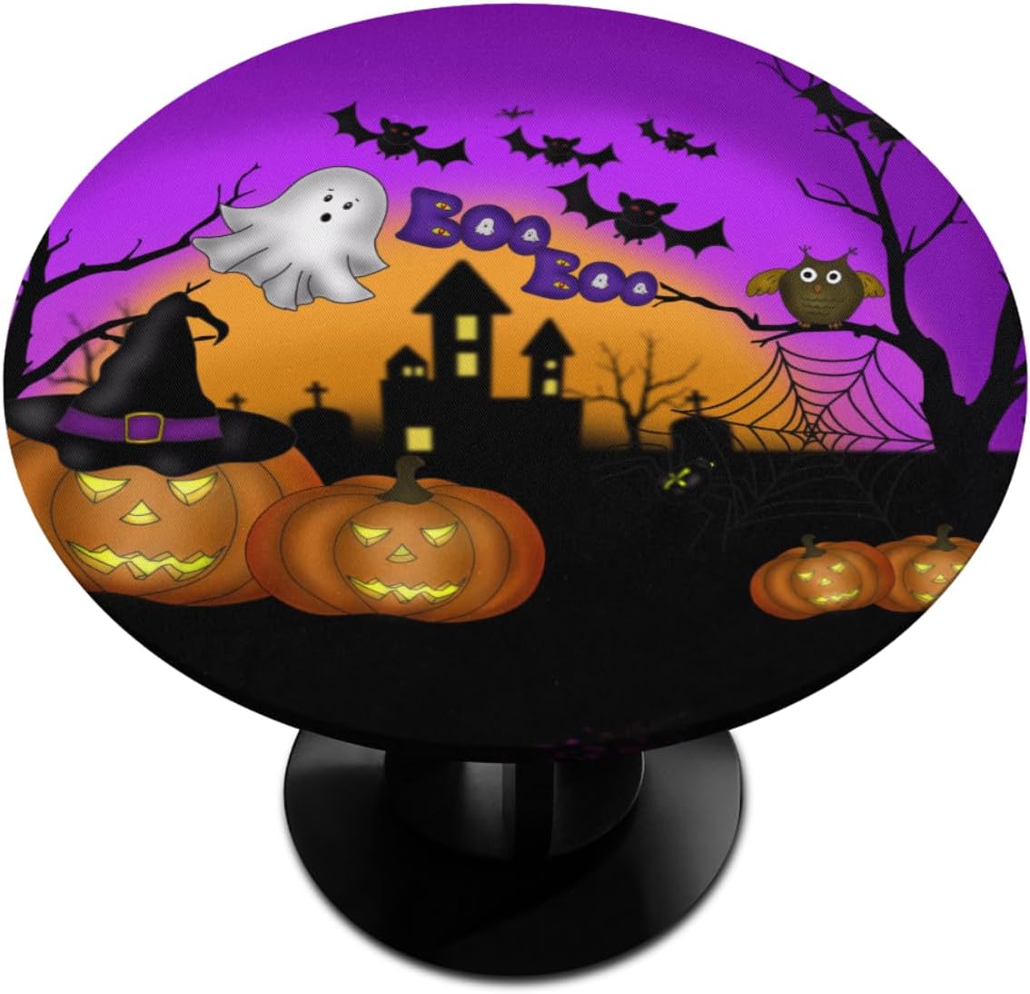 Mantel redondo de Halloween con borde elástico, castillo de calabaza, fantasma, murciélago, lavable, lavable, mantel de poliéster para cocina,