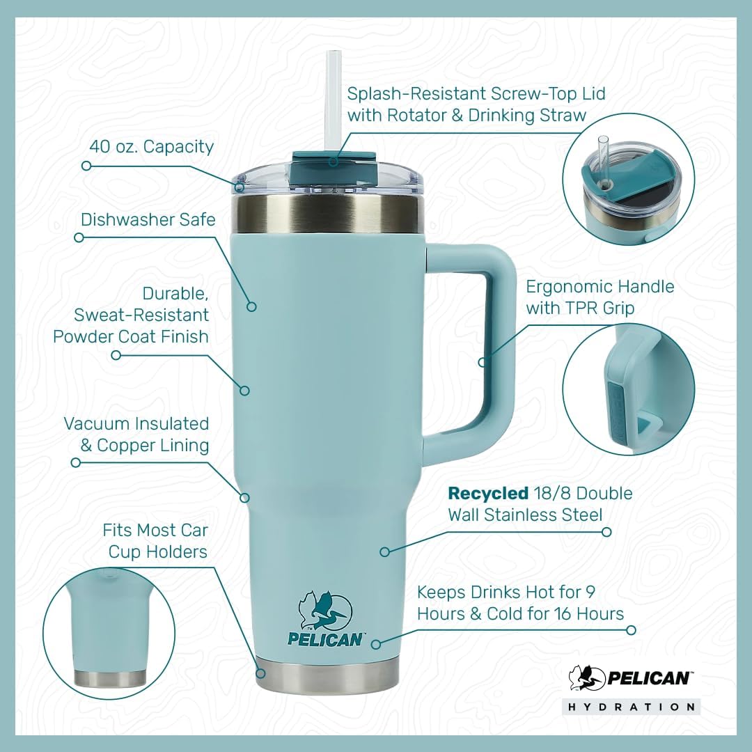 Pelican Hydration Pelican Porter – Vaso aislado al vacío de 40 onzas, acero inoxidable reciclado de doble pared de viaje con doble tapa, taza de
