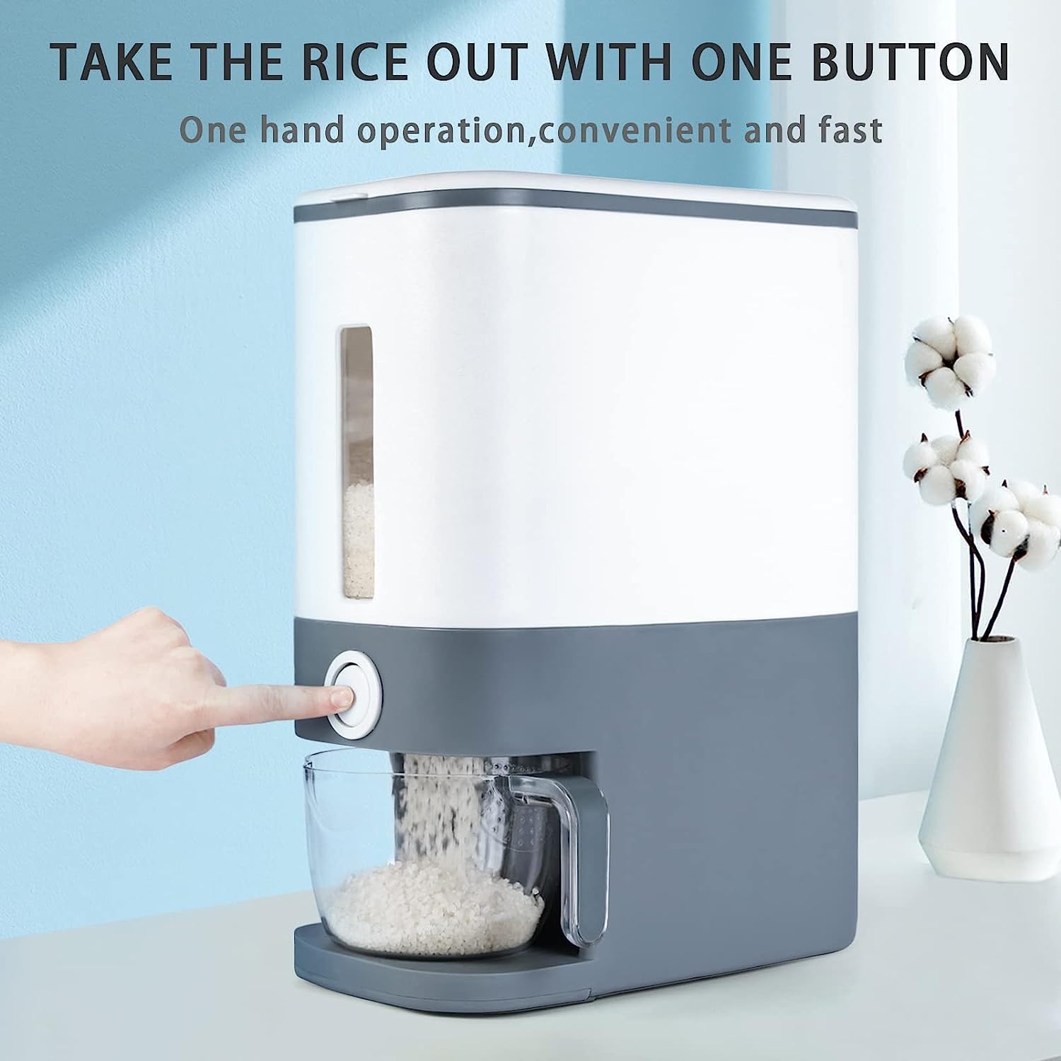 Fastand Dispensador de arroz de 25 libras, recipiente de almacenamiento de alimentos secos de cereales con taza medidora, hermético, a prueba de