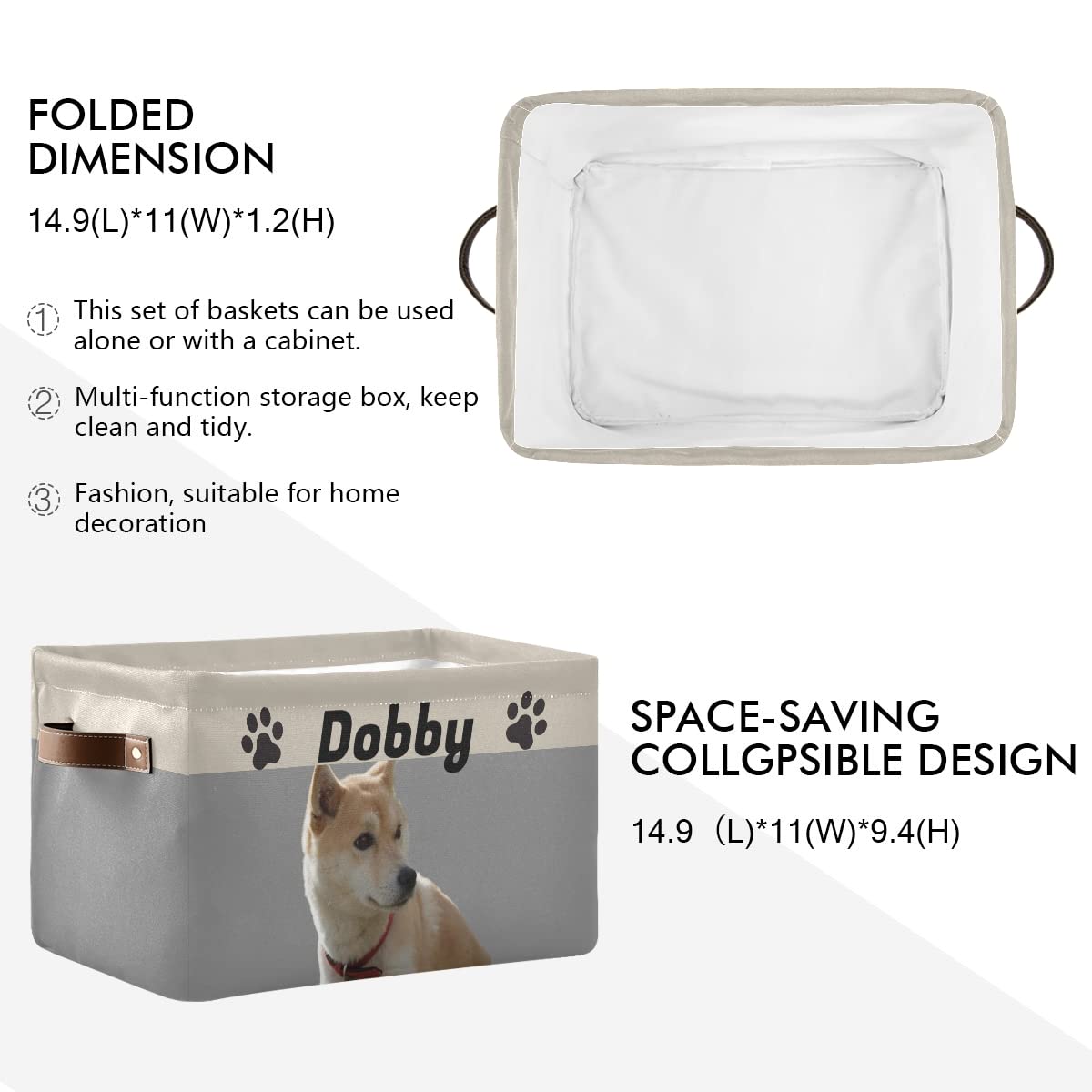 Cesta de almacenamiento personalizada para juguetes para perros, cesta plegable para juguetes para mascotas con asas de cuero, organizador de