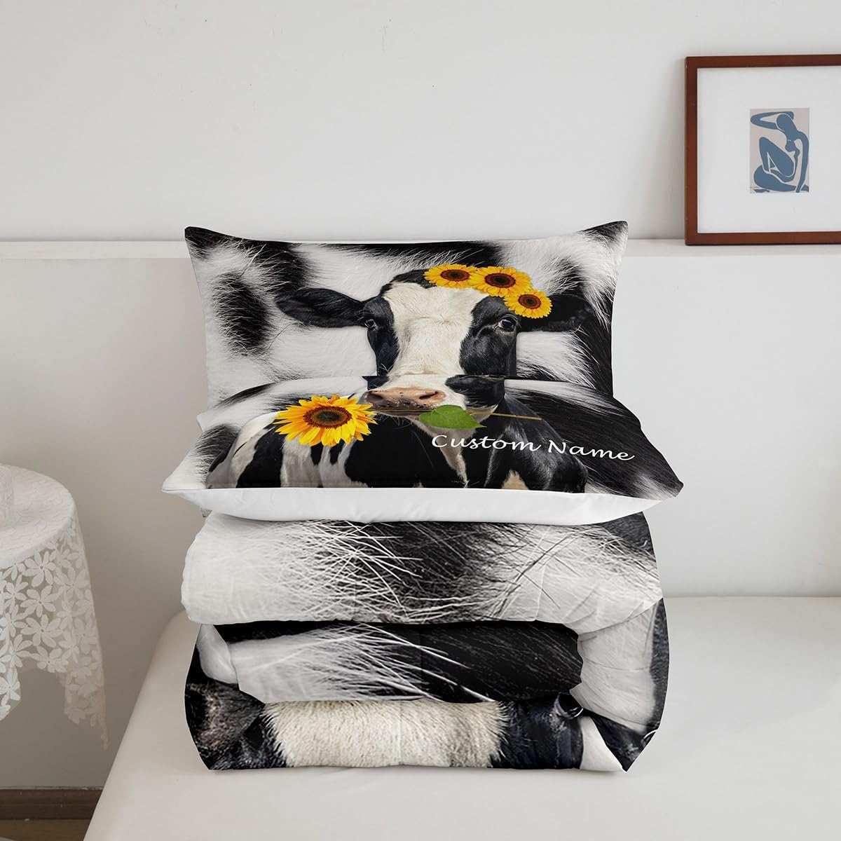 Erosebridal Juego de edredón personalizado de vaca de las tierras altas, juego de ropa de cama con estampado de vaca negra y blanca para niños,