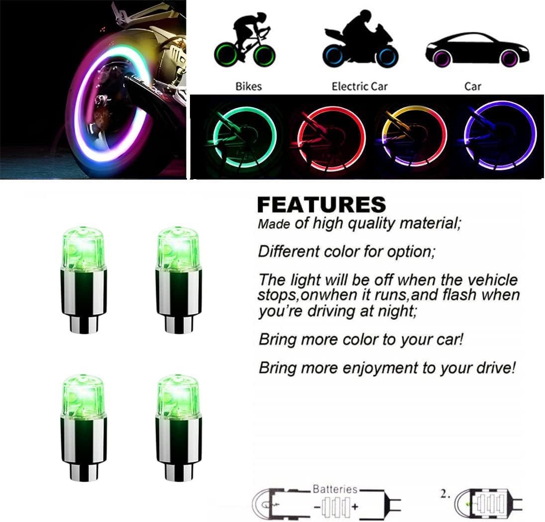 4 luces LED para cubierta de válvula de neumático, tapas de válvula de neumático que brillan en la oscuridad, luces de neón de rueda, accesorios