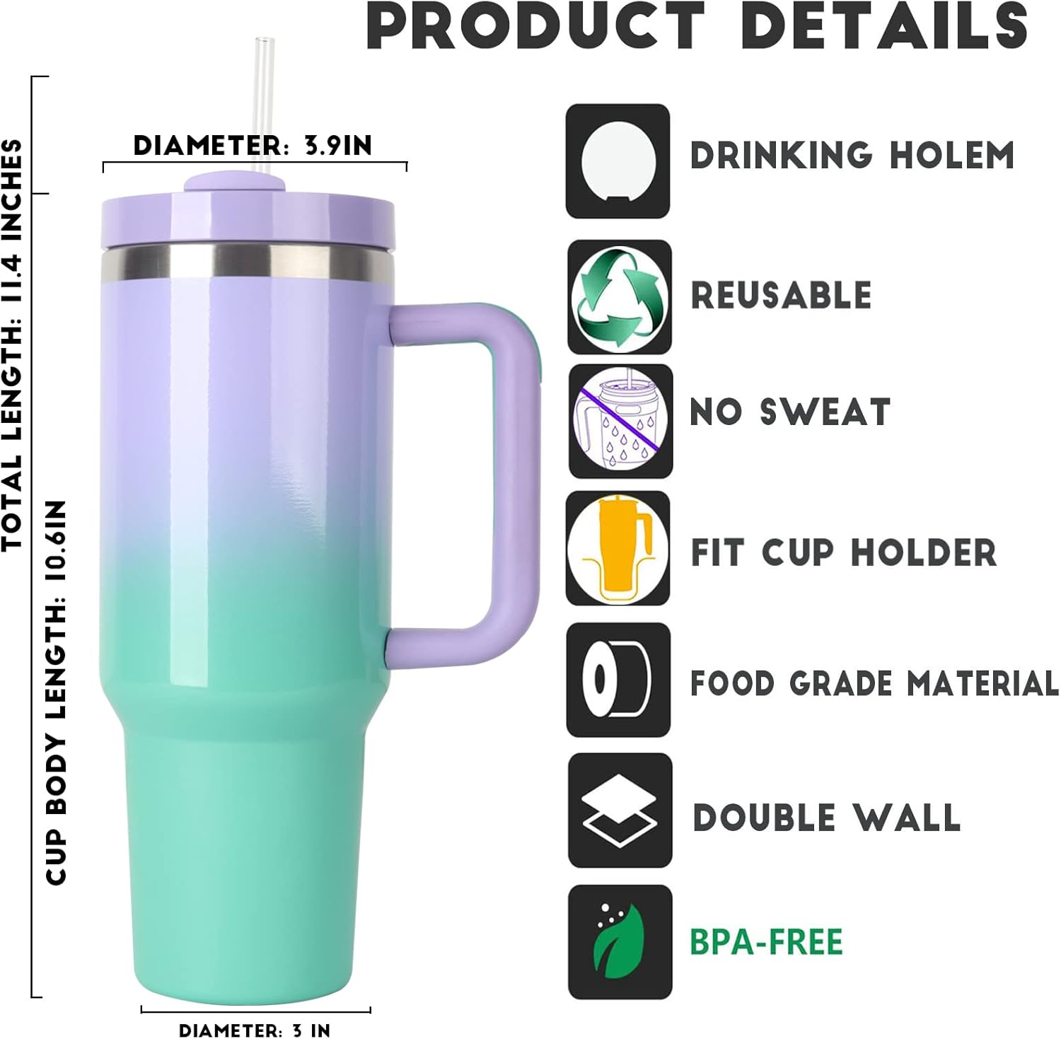 Vaso aislado al vacío 2.0 reutilizable de 40 onzas con asa, con tapa y pajillas, mantiene el calor frío y el hielo durante horas (verde maronda)