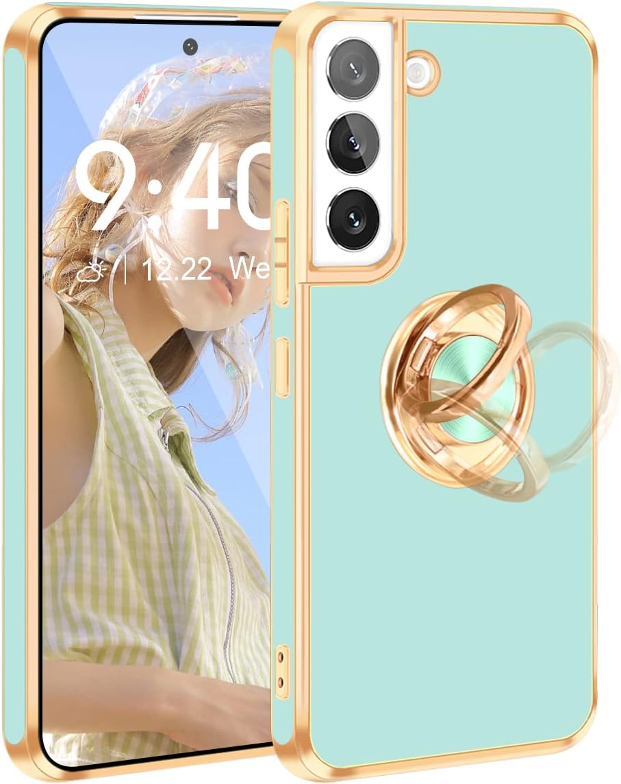 Fingic Funda para Samsung Galaxy S22, Galaxy S22 con soporte de anillo, soporte de anillo giratorio de 360 magnético borde dorado brillante Funda
