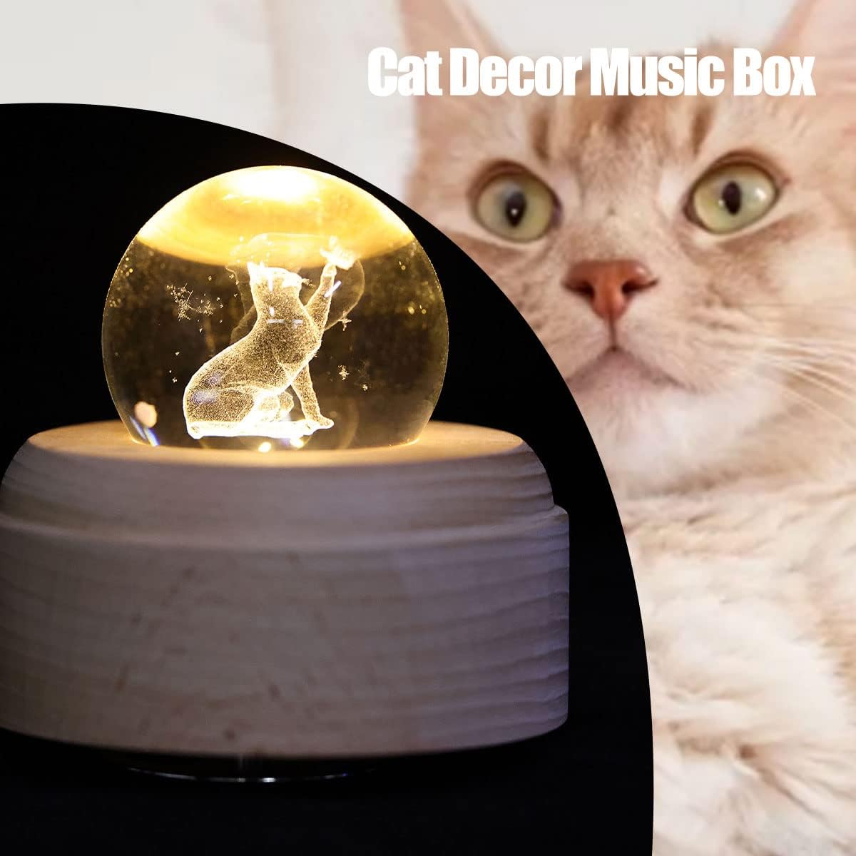 QIANLING Caja de música de bola de cristal recargable 3D con luz de proyección LED y base de madera giratoria, caja de música creativa de bola de