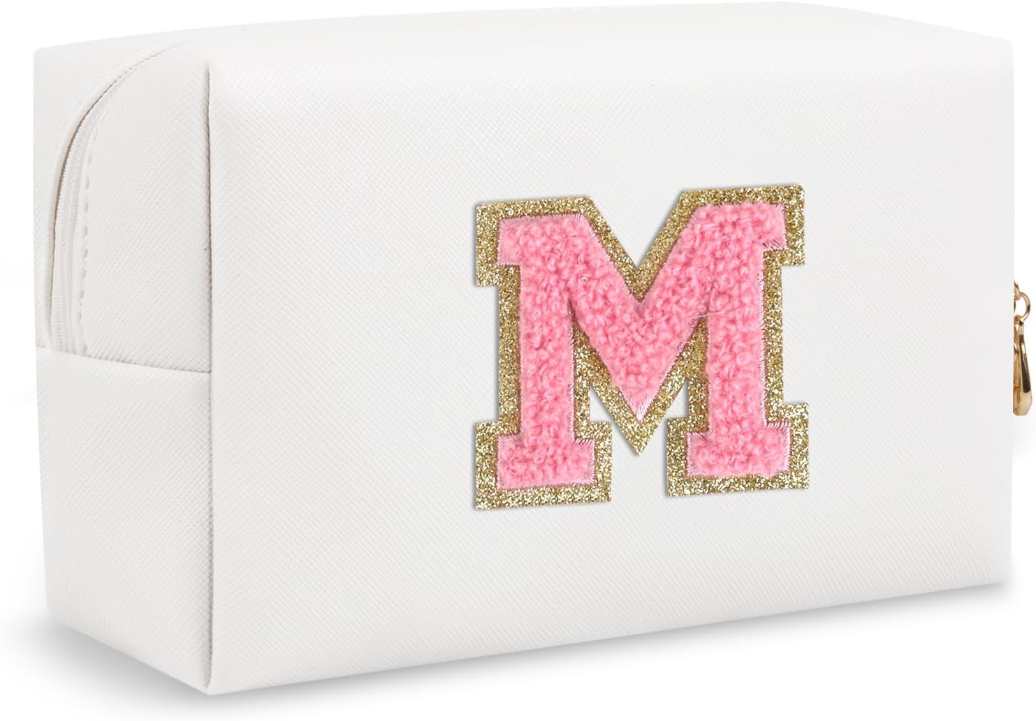 Biileen Bolsa de maquillaje preppy inicial personalizada Pequeña bolsa de carta de chenilla de viaje linda, blanco-1