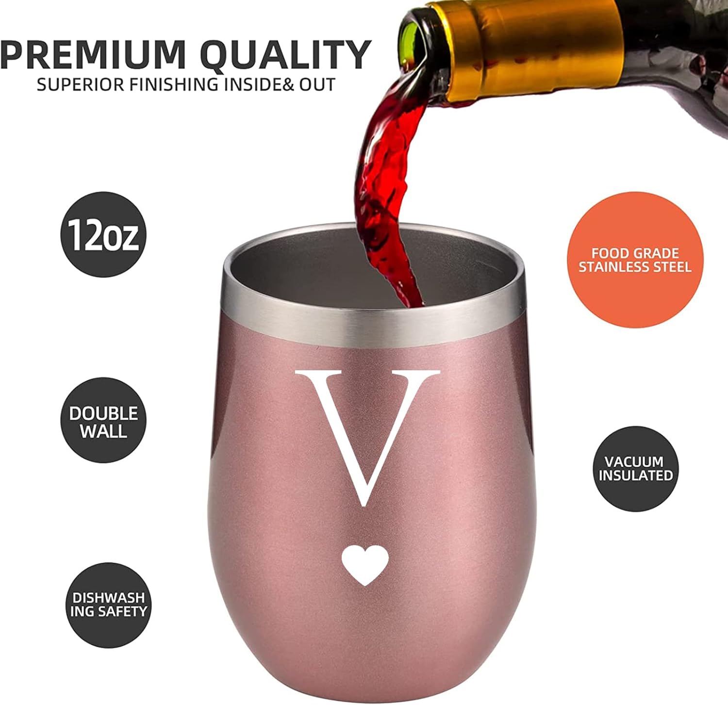 Regalos iniciales personalizados, vaso de vino de acero inoxidable de 12 onzas con cepillo para pajilla, taza insultada de oro rosa, regalo de boda,