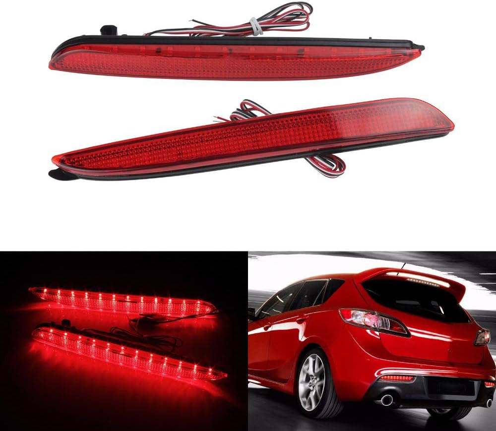 MASO 2 luces LED de paragolpes con lente roja, reflectores de freno trasero, luz antiniebla, compatible con Mazda 3M3 SedánHatchback 2011-2015