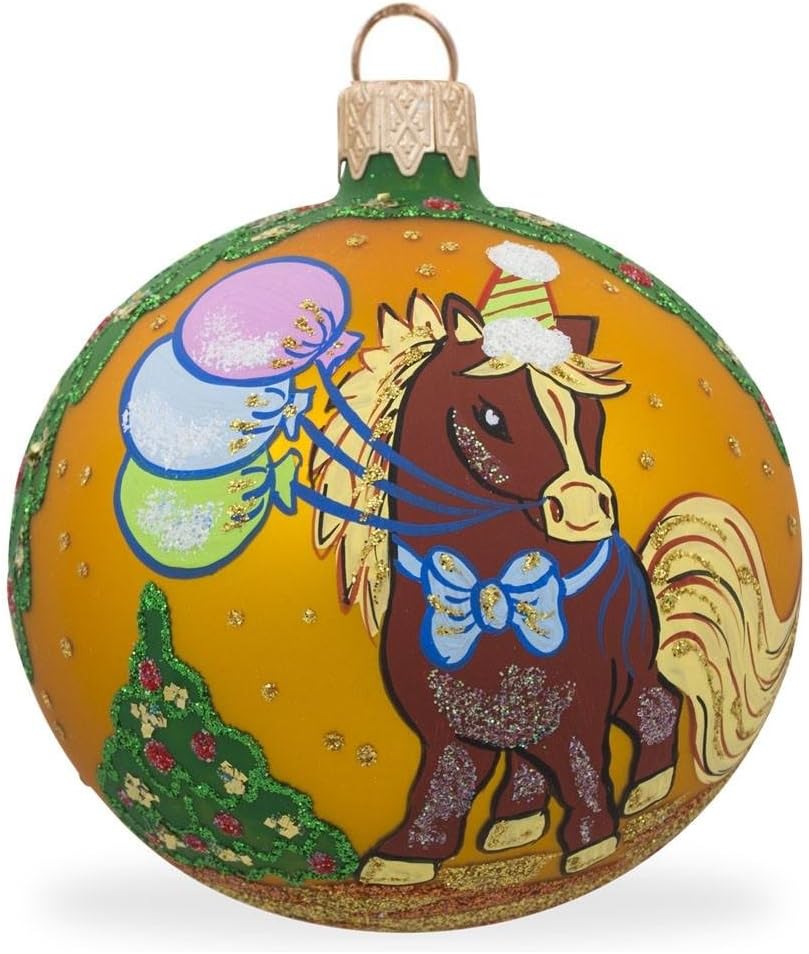 Caballo caprichoso con globos flotantes, bola de vidrio soplado, adorno de Navidad de 3.25 pulgadas