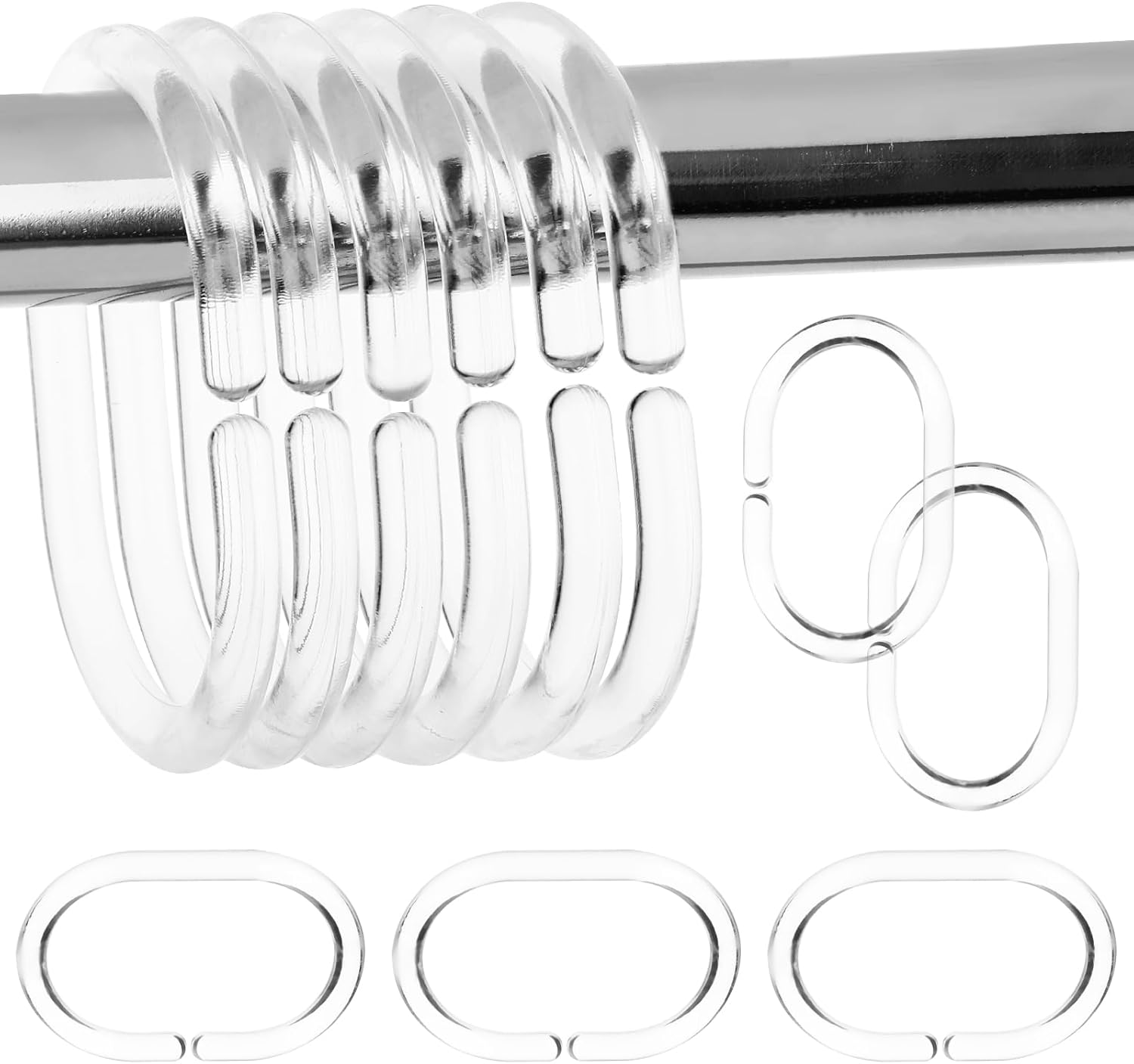 COMNICO 24 anillos de cortina de ducha de plástico en forma de C, ganchos para cortina de ducha, anillos de color blanco, transparente, fuerte,