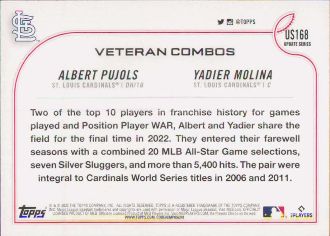 2022 Topps Update #US168 Yadier MolinaAlbert Pujols NM-MT St. Louis Cardinals Baseball