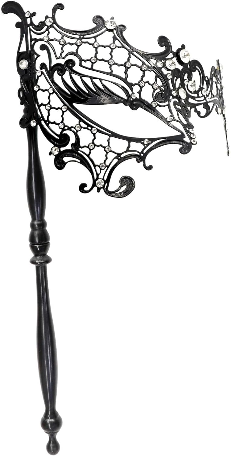 Thmyo Máscara veneciana de fiesta de Mardi Gras de Halloween con palo de sujeción, máscara de mano con plumas de metal y diamantes de imitación