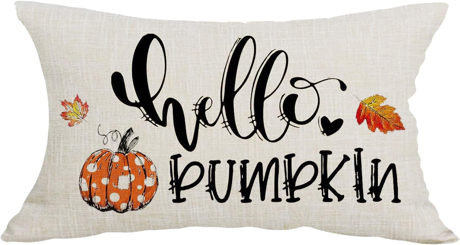 Black Word Art Hello Pumpkin Día de Acción de Gracias, otoño, Y’all, funda de almohada lumbar decorativa, funda de almohada para sofá, cama,