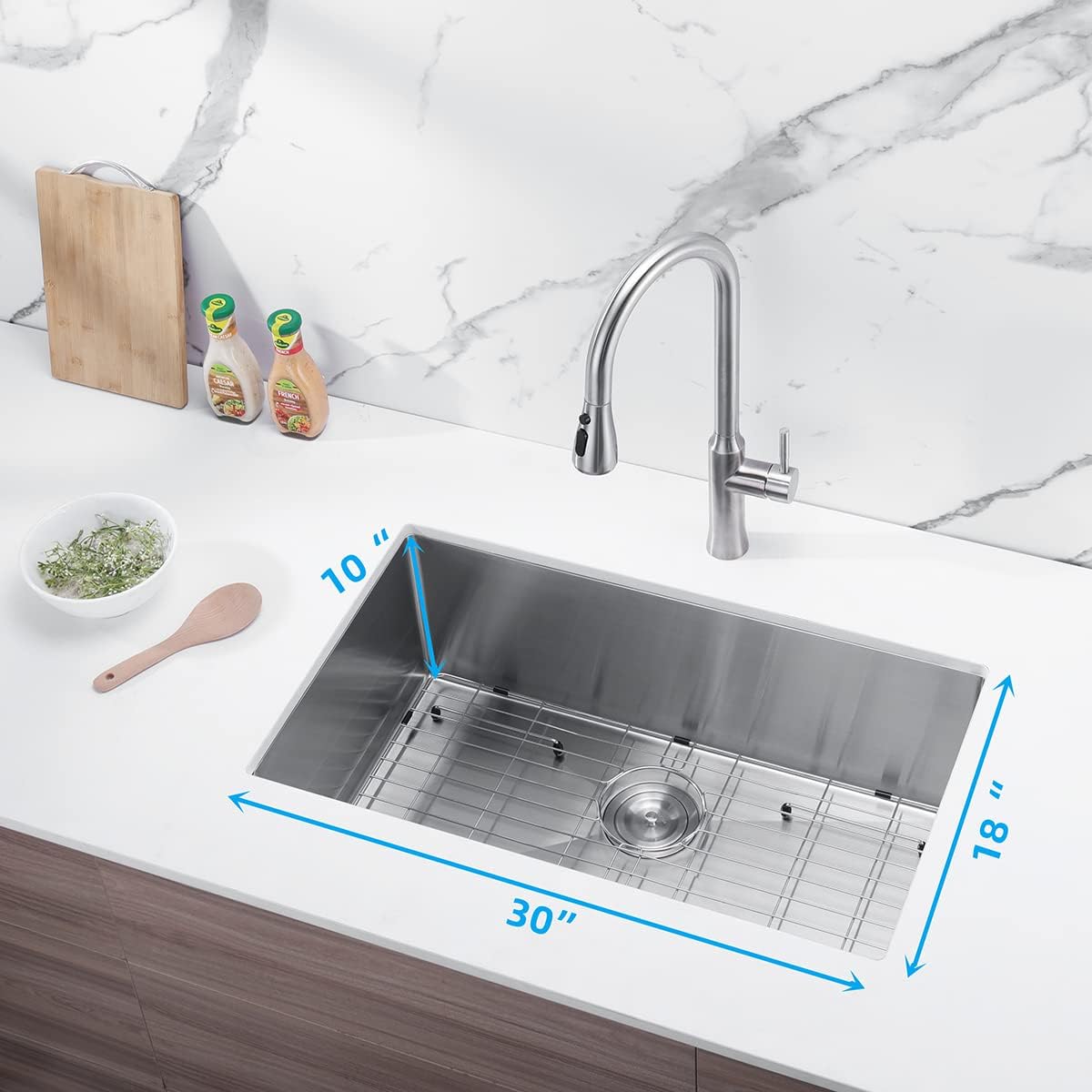 Fregadero de cocina grande para área de preparación de acero inoxidable con colador de fregadero, cesta de basura y rejilla inferior, 30 x 18 x 10