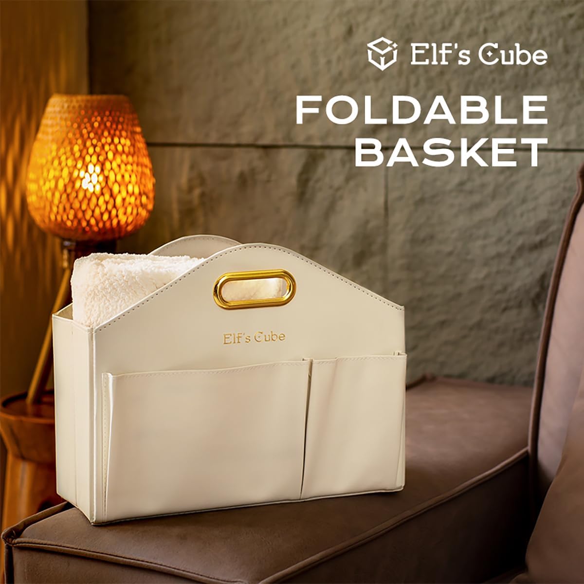 Elf’s Cube Almacenamiento de revistas blanco, revistero de cuero plegable, soporte para revistas con asas, cesta de almacenamiento multifunción para