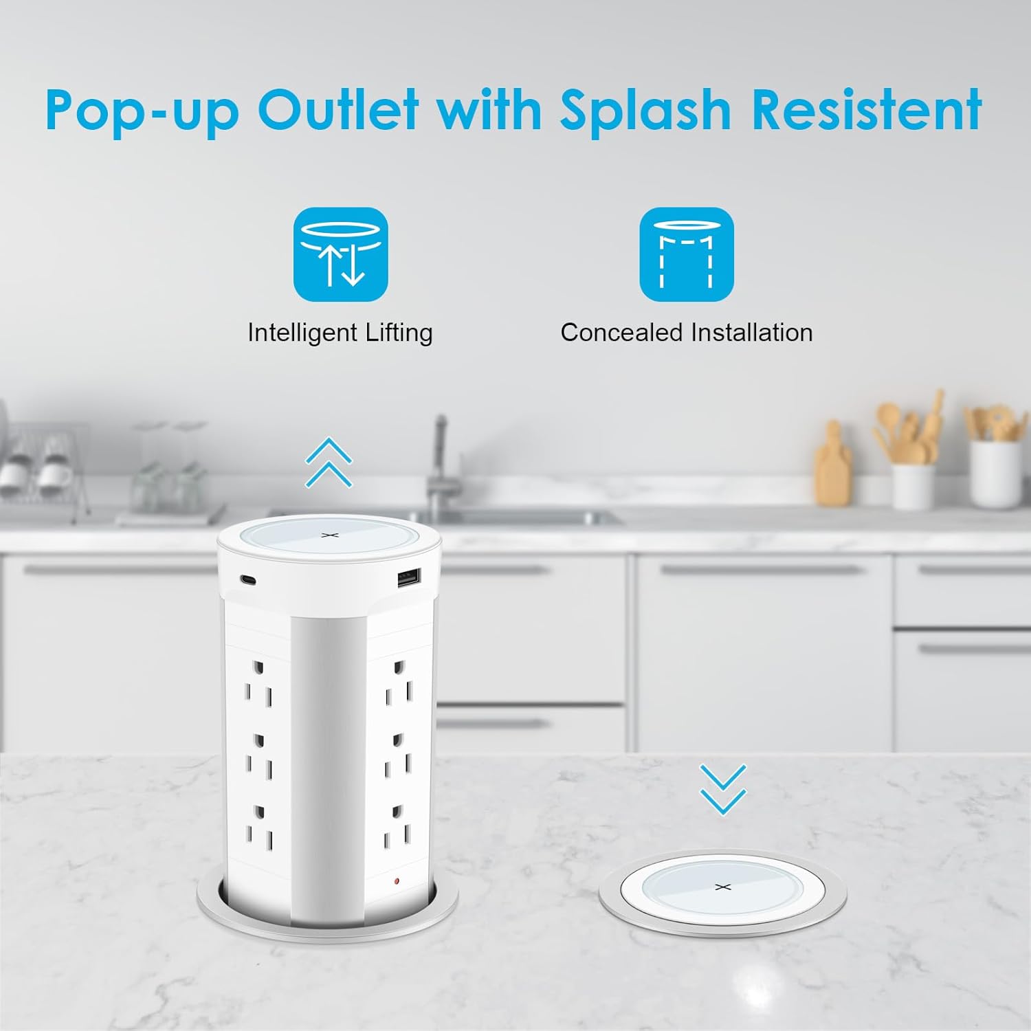 HEZI Toma de corriente desplegable para encimera con cargador inalámbrico de 15 W, entrega máxima de energía de 45 W, 12 CA, 2 USB-A y 2 USB-C,